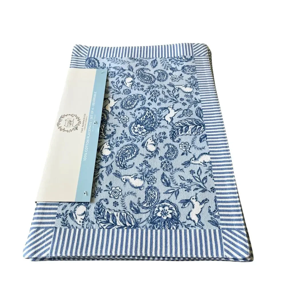 Rachel Ashwell Farmhouse Bunny Paisley Reversible Placemats 13x19 Blue White New